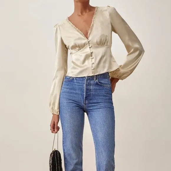 NWT Reformation Rosen Ruffle Silk Blouse - Ivory - Picture 3 of 6